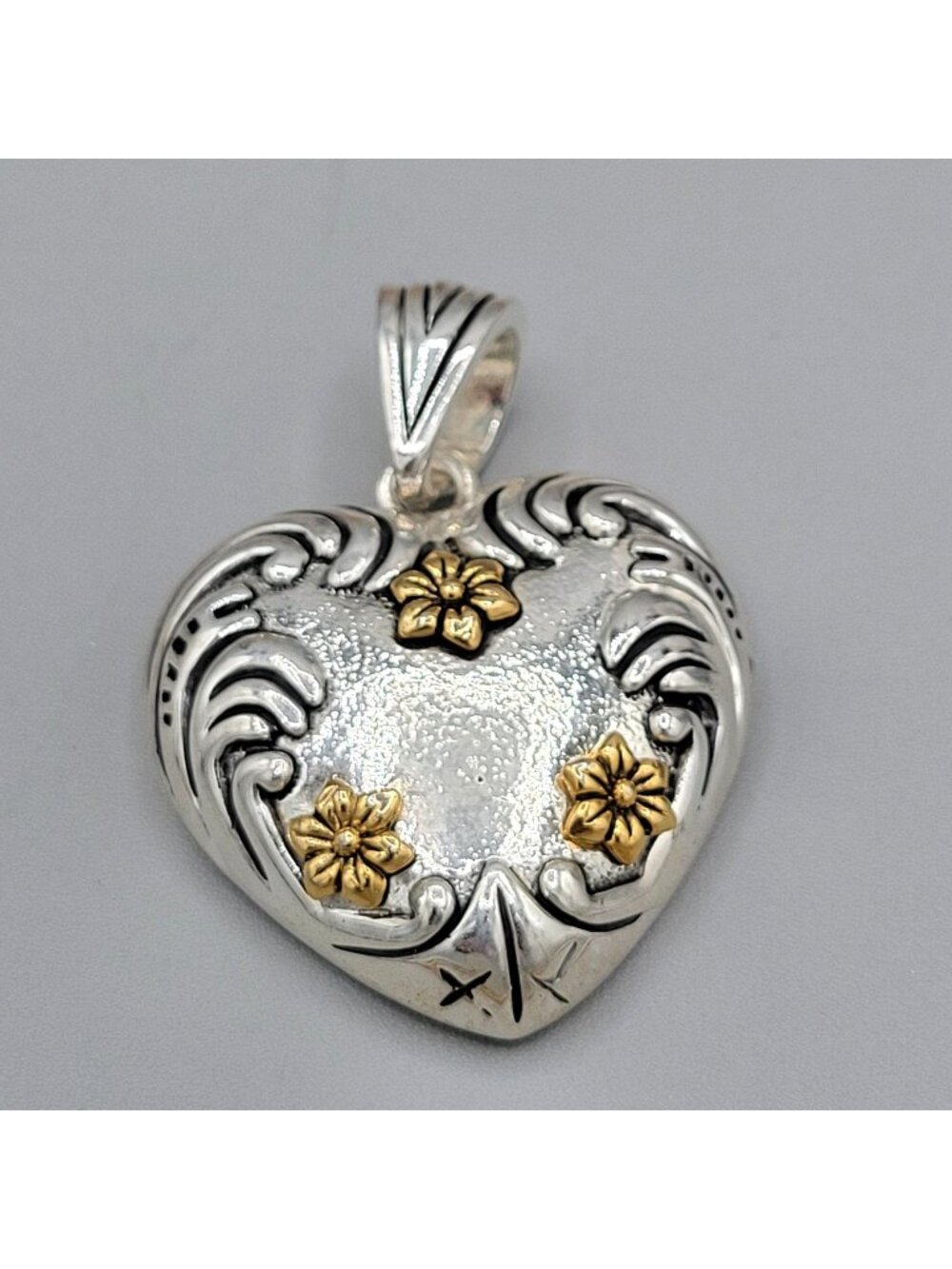Heart Shaped Pendant With Bail Silver Tone with Gold Tone Flower Accents